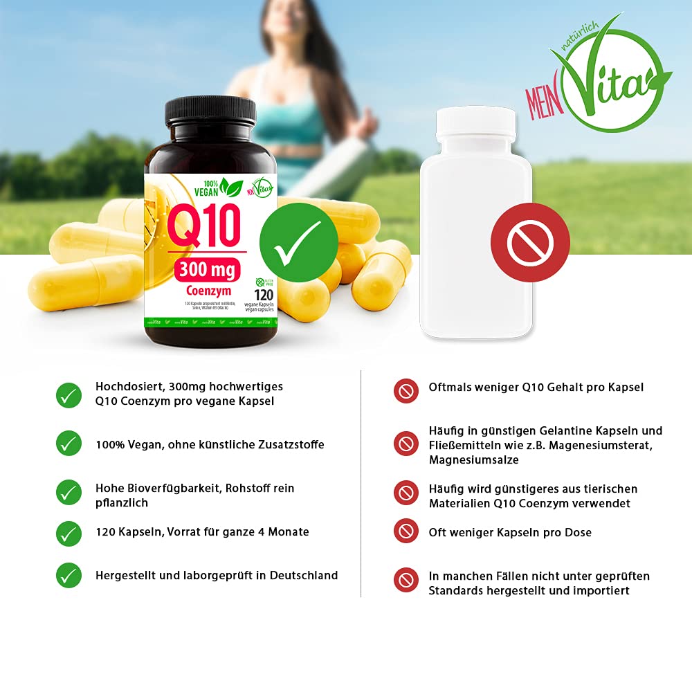 Coenzym Q10-300mg pro Kapsel hochdosiert, 100% Vegan – 120 Kapseln - Bioaktiv - aus pflanzlicher Fermentation - Laborgeprüft, mit B3, Biotin, Selen