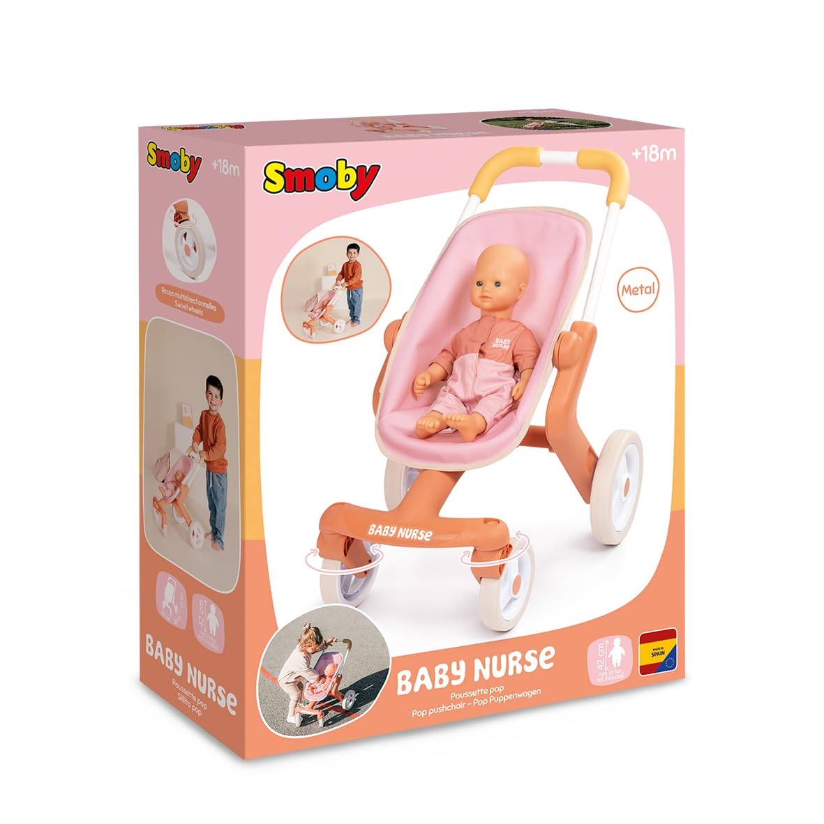 Smoby - Baby Nurse - Poussette Pop - pour Poupons Jusqu'à 42 cms - Poignée Ergnonomique - Roues Multidirectionnelles - A Partir de 18 Mois - Fabrication Espagnole