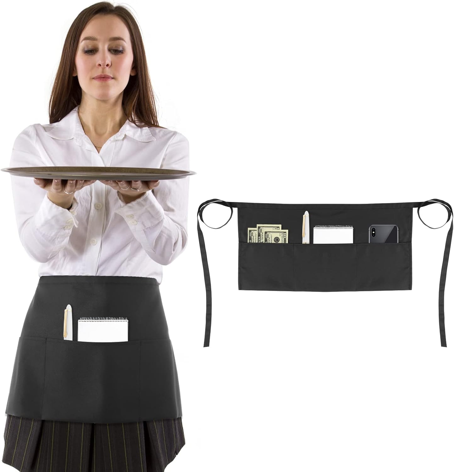 Lusofie Black Waitress Aprons,Cooking Kitchen Aprons With 3 Pockets