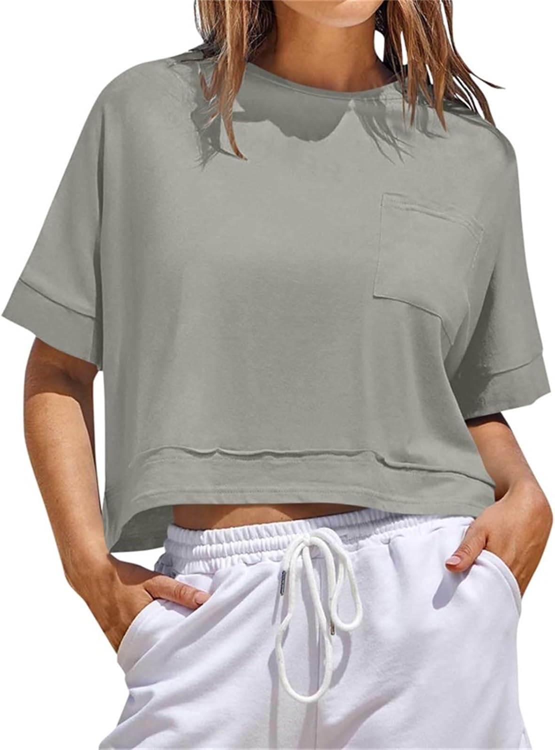 Womens Short Sleeve Cropped T-Shirts Drop Shoulder Round Neck Crop Tops Casual Summer Oversized Tees with Pocket
