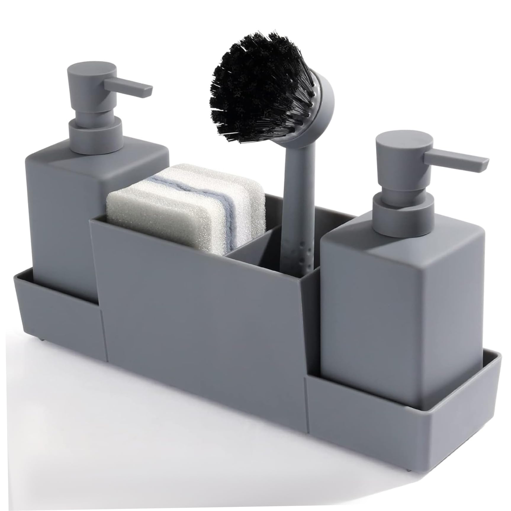 Xdyyjrasa Kitchen Soap Dispenser Set - with 2 Sponges, 1 Brush & Drainage Holder, Gray for Kitchen Sink Bathroom