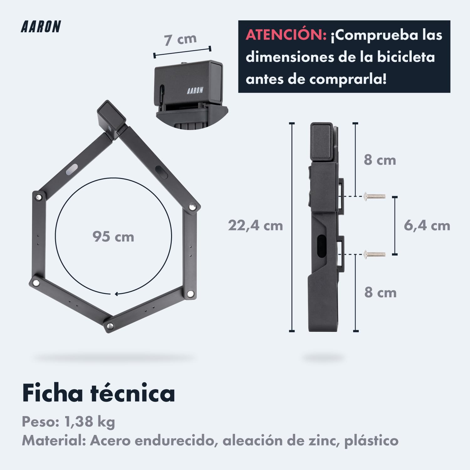 Candado AARON Shield para bicicleta - candado plegable seguro Nivel 14, candado de alta seguridad patentado con soporte - candado para bicicleta ligero con llave para E-Bike, bicicleta de carreras