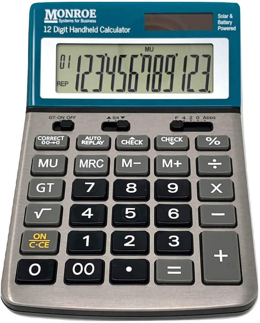 Monroe Handheld 12-Digit Paperless Calculator with Check and Correct Functionality (Monroe Blue)