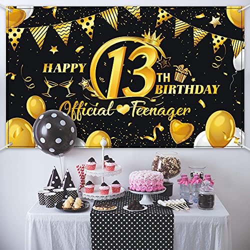 13th Birthday Black Gold Party Decoration, Extra Large Fabric Sign Poster Happy 13th Birthday Party Supplies, Official Teenager 13th Anniversary Backdrop Banner Photo Booth Background