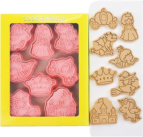 Miniatura 1 de Juego de cortadores de galletas de unicornio, sellos de plástico para galletas de castillo de princesa, 8 piezas cortadores de galletas con sellos
