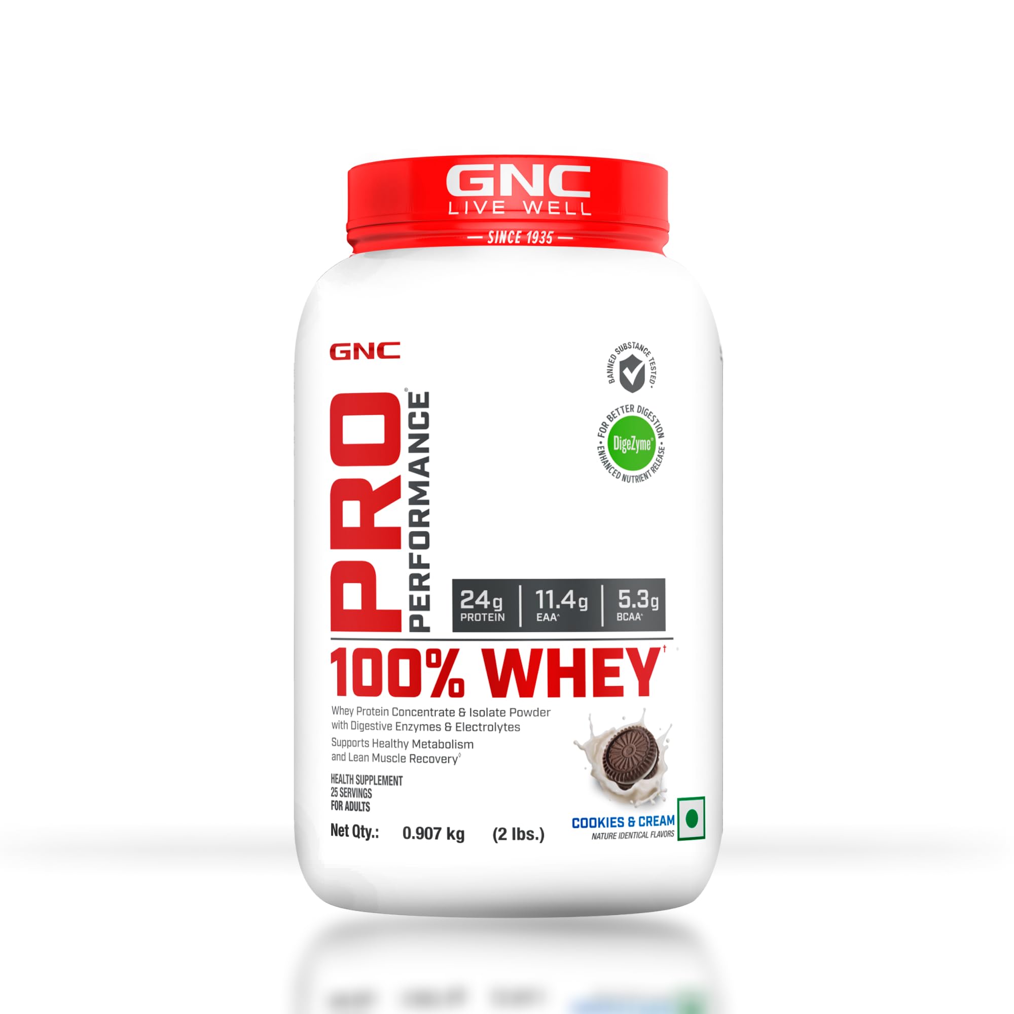 GNC Pro Performance 100% Whey Protein Powder | Boosts Strength & Endurance | Builds Lean Muscles | Fastens Muscle Recovery | Formulated In USA | 24g Protein | 5.5g BCAA | Cookie & Cream | 2 lbs