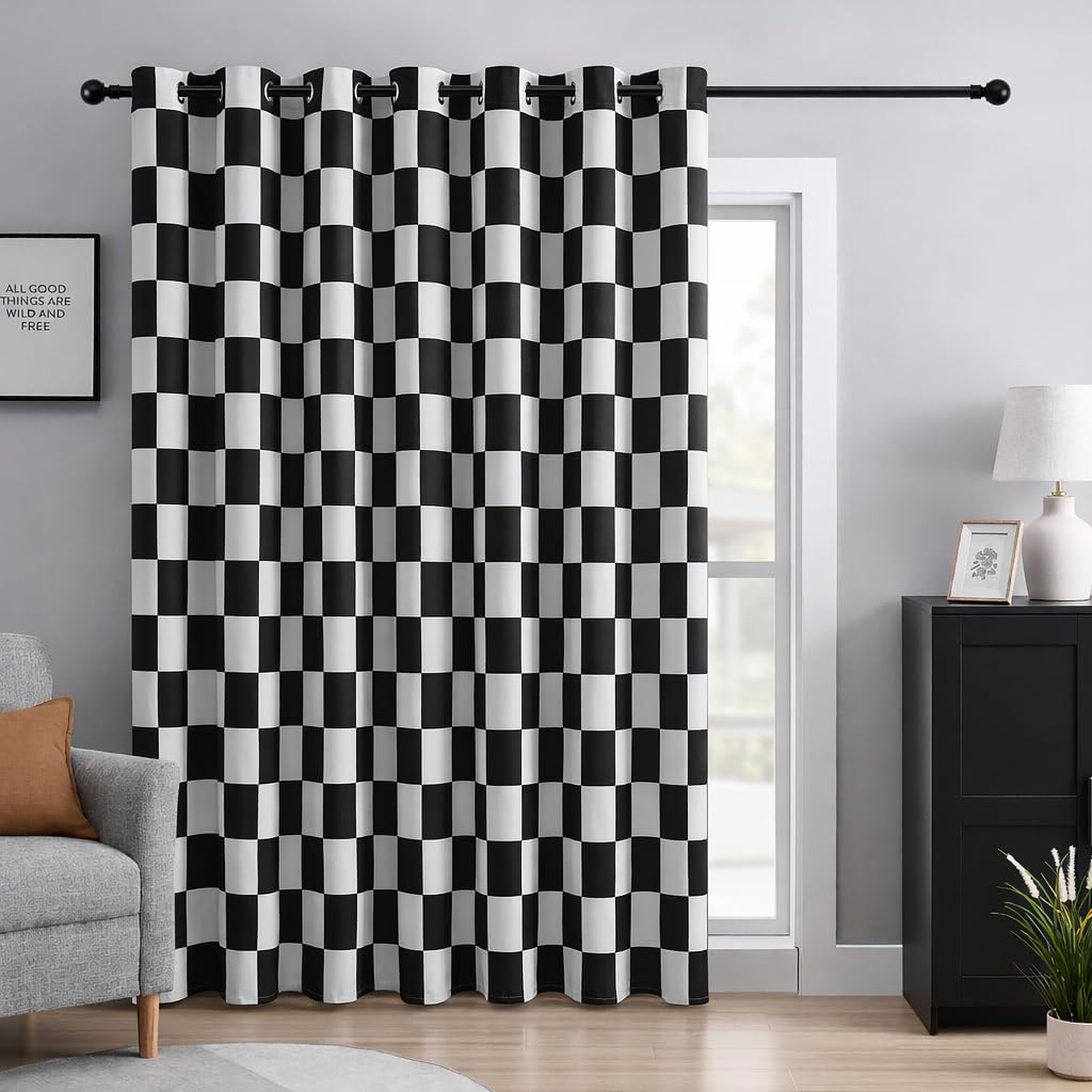 BOHOMOCASA Black and White Checkered 100% Blackout Sliding Door Curtains, Thermal Insulated Noise Reducing Room Divider Curtain for Patio Door, Wide Drapes, 1 Panel, W100×L96