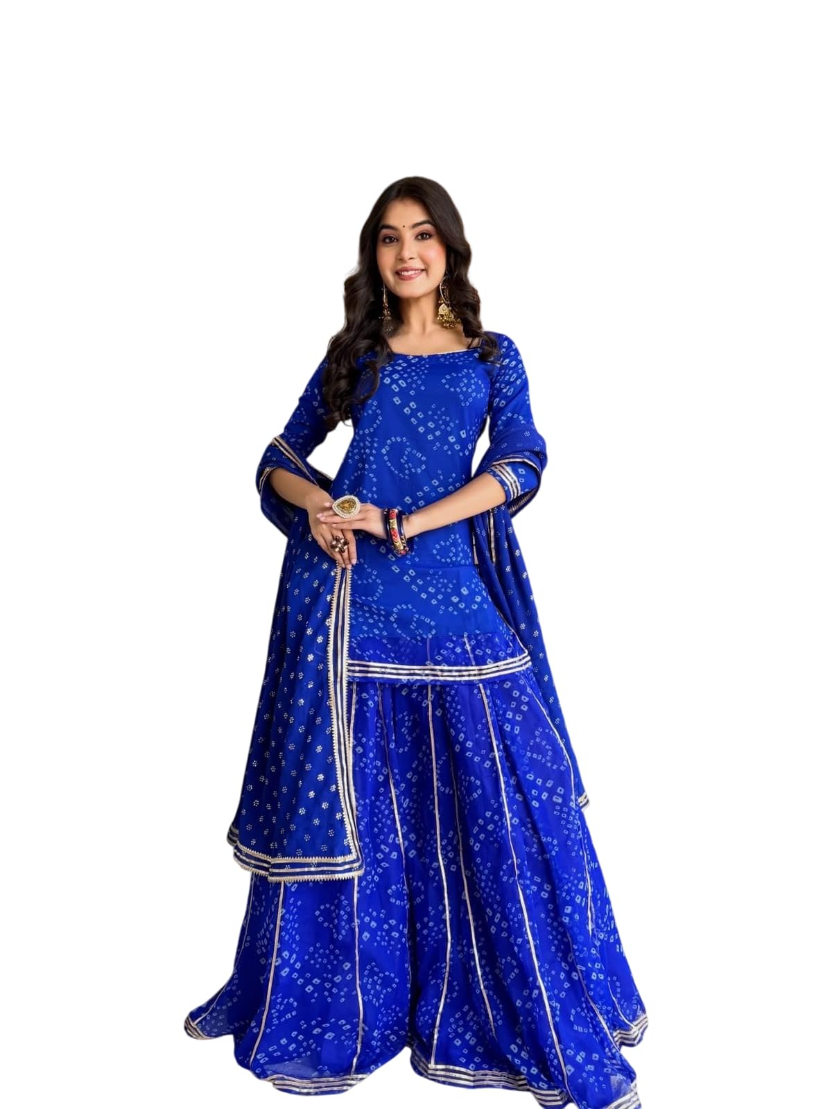 Women's Georgette Bandhani Print Kurti with Sharara and Dupatta | 3-Piece Set, Ethnic Wear, Gota Patti Border, Festive Occasion, Square Neck-picture-50