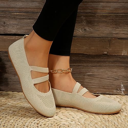 Knit Flats for Women Round Toe Slip On Mary Jane Shoes Womens Comfortable Ankle Strap Casual Ballet Flats Breathable Solid Color Lightweight Non-Slip Ballerina Walking Dance Shoes2