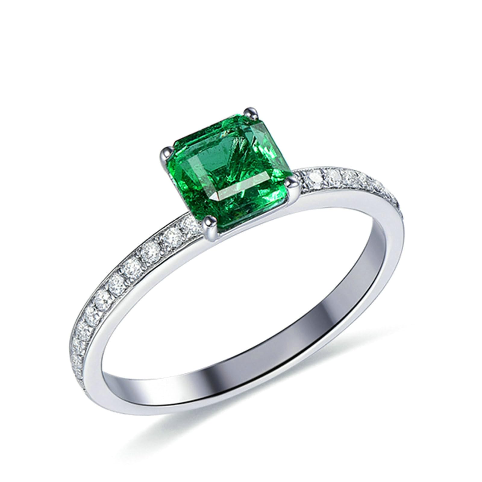Anillo de boda de platino para mujer, talla H 1/2-V 1/2, anillos de compromiso estrechos con esmeralda de 0,7 quilates y moissanita de 0,17 quilates