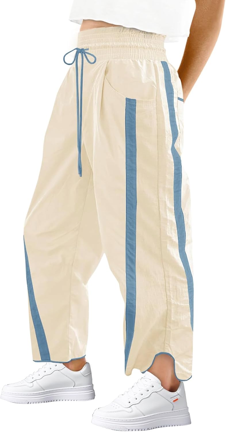 aswulk Womens Wide Leg Pants Baggy Drawstring Elastic Waist Stripe Casual Track Pants