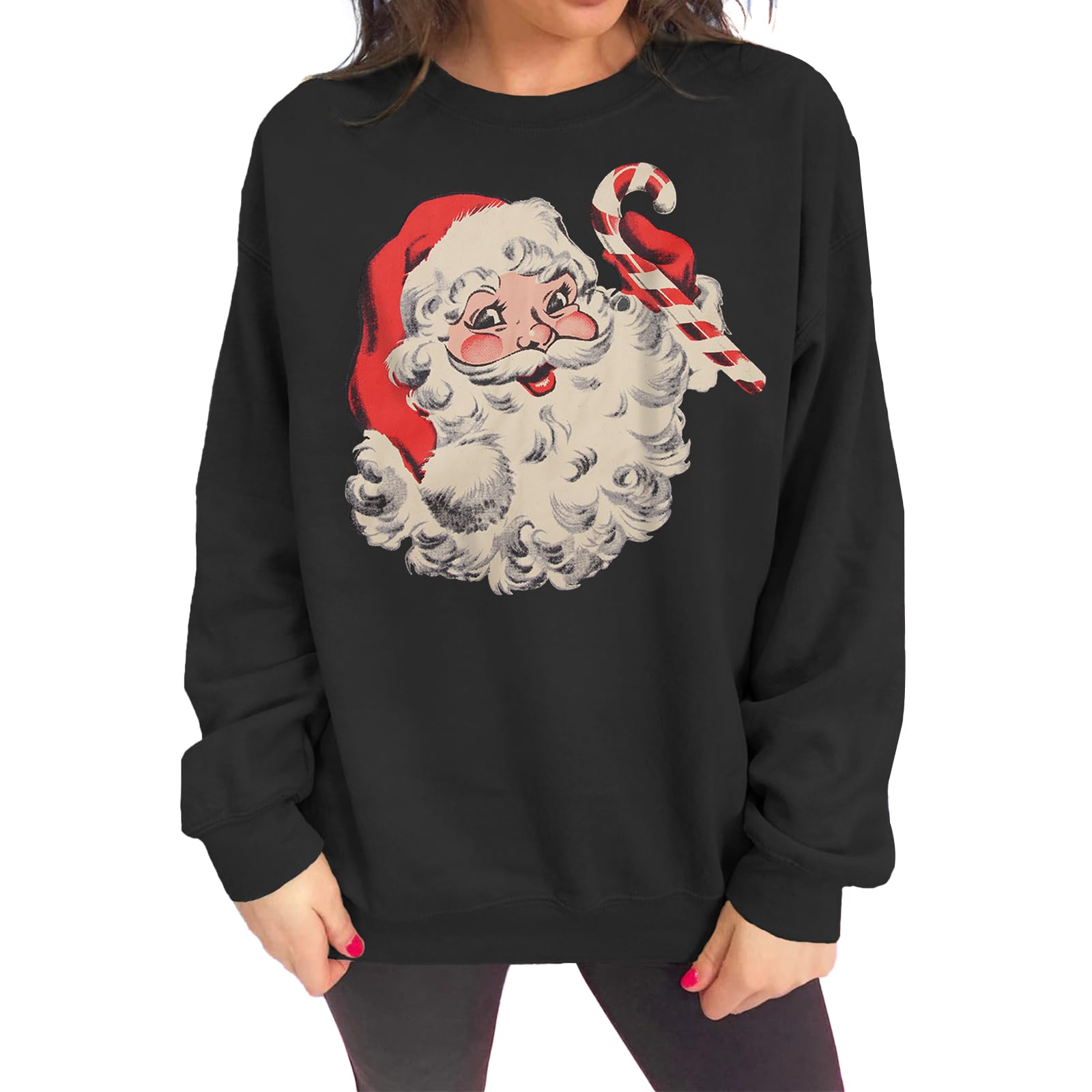 IZYJOY Women Christmas Santa Sweatshirt Retro Santa Claus Pullover Oversized Top Crewneck Long Sleeve Xmas Vacation Sweaters