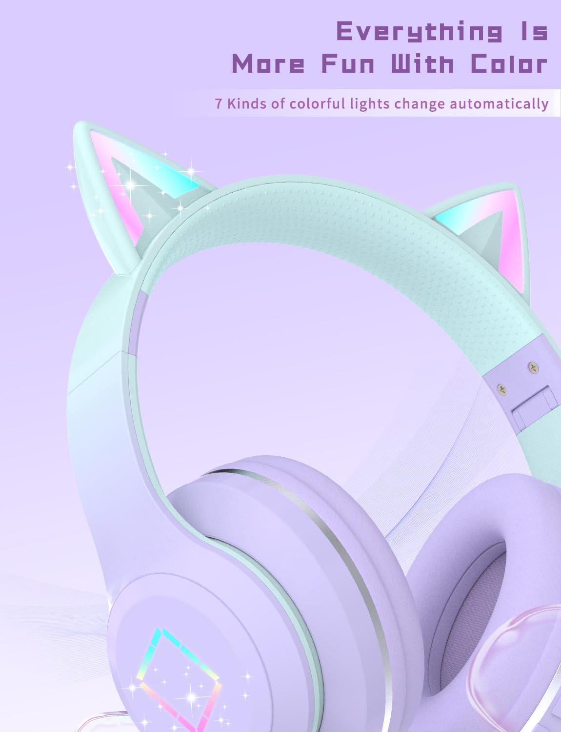 LiberIntone Kids Bluetooth Headphones,Cat Ear LED Light Child Wireless Headphones with Mic,Adjustable Headband,TF Card,Foldable Bluetooth Stereo Over-Ear Kids Headsets for Boys Girls Adults (Purple)