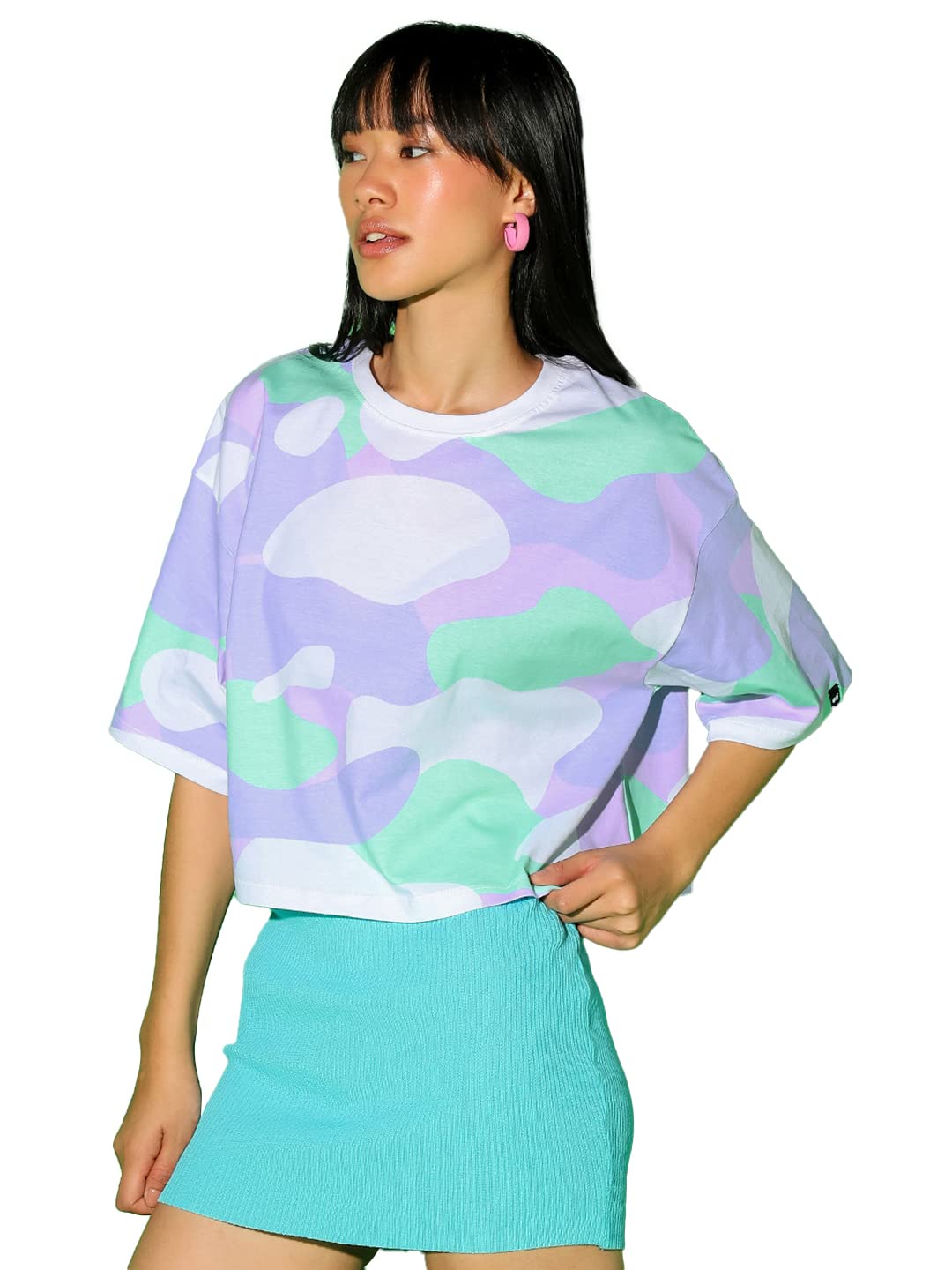 Women's Camouflage Oversized Fit Half Sleeve Round Neck 100% Cotton Short Top