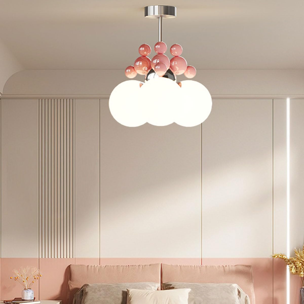 Ciepła różowa magiczna fasolka szklana wisząca lampa w kształcie kuli w kremowym stylu, lampa wisząca w kształcie kuli, ściemnialna lampa wisząca do pokoju dziecięcego