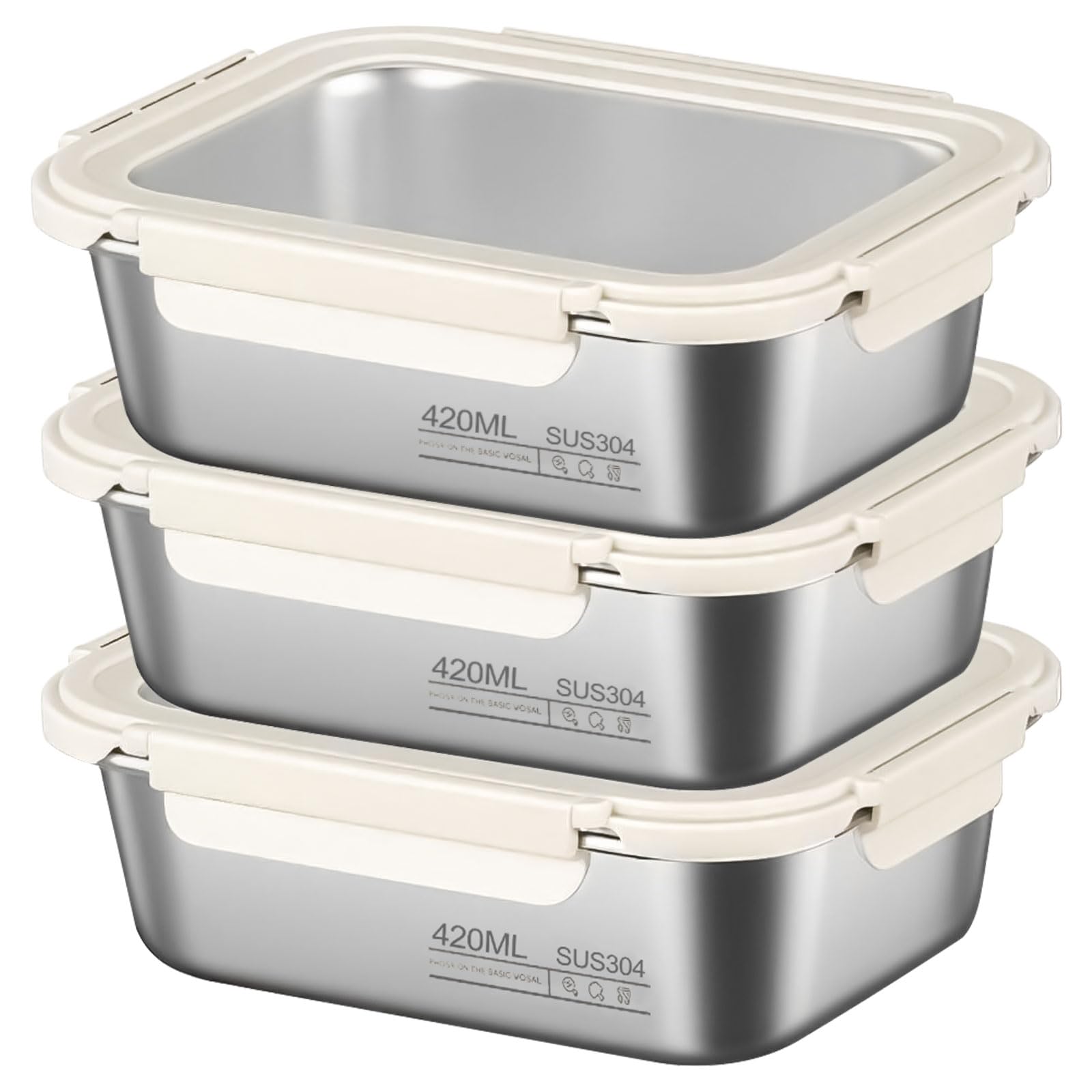 CECOMBINE 3Pack Stainless Steel Food Storage Containers With Lids, Airtight Metal Food Container, Stackable Meal Prep Containers, Leakproof Metal Lunch Box for School Office (420, Millilitres)