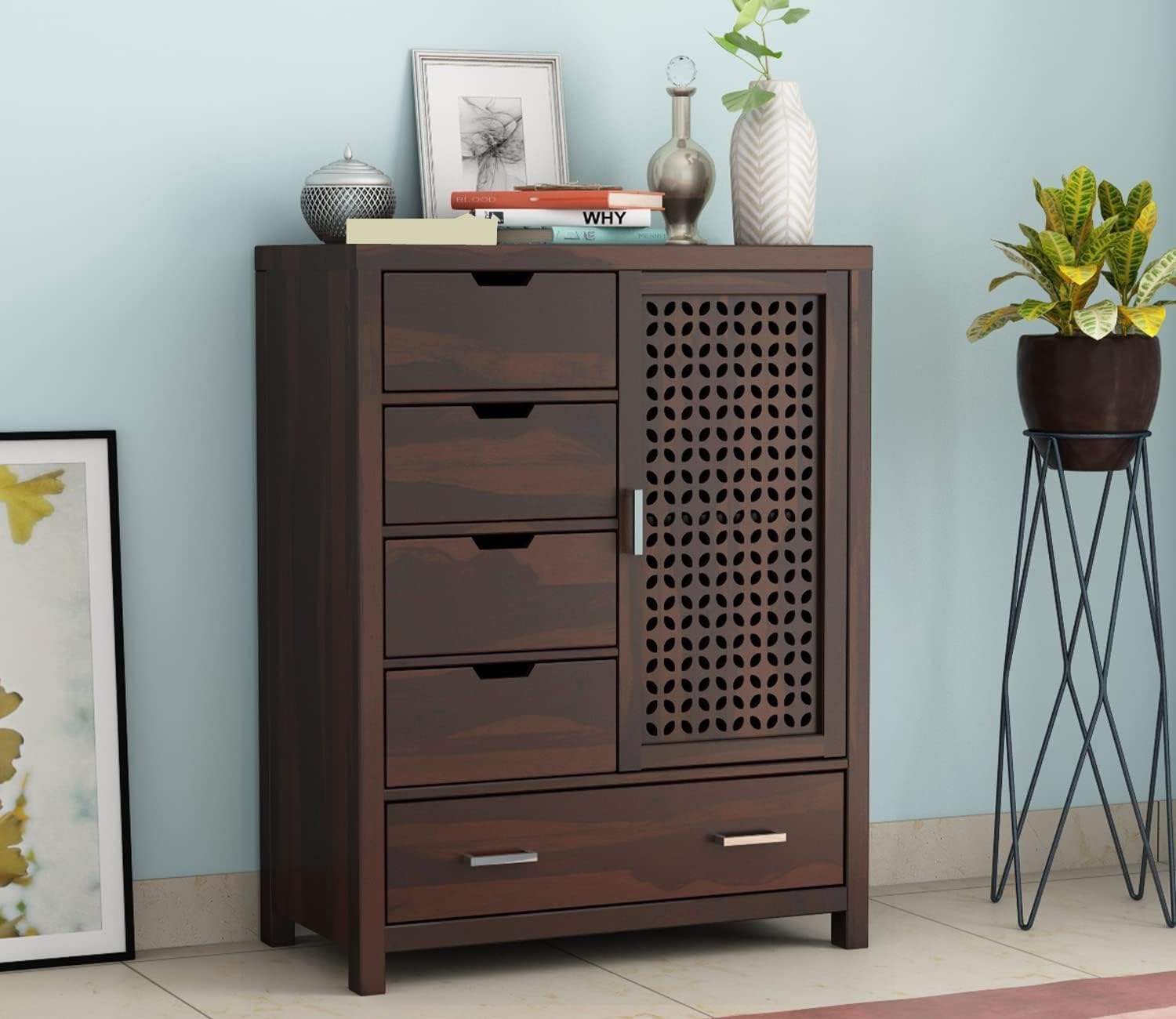AADITYA CRAFTS Solid Sheesham Wood Wooden Chest of Drawers with Drawer Storage | 5 Drawer Chest of Drawers with 2-Shelf Storage and Spacious Dresser for Hall Home Office Furniture | (Walnut Finish)-image-43