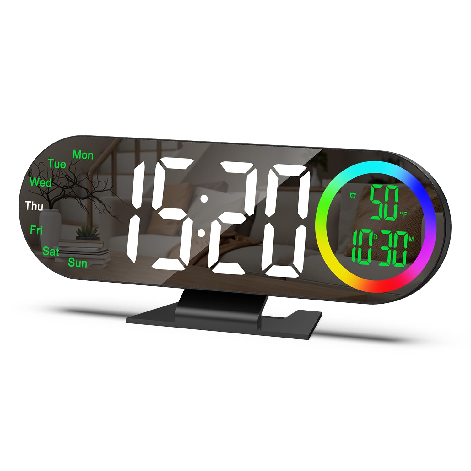 Reloj despertador digital espejo grande con alarma dual y temperatura para mesa de cuarto