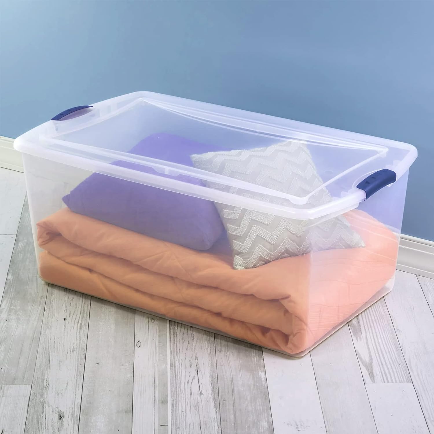 4 Pack Latch Box Plastic 105 Qt, Clear Plastic Storage Bins with Lid, White & Blue