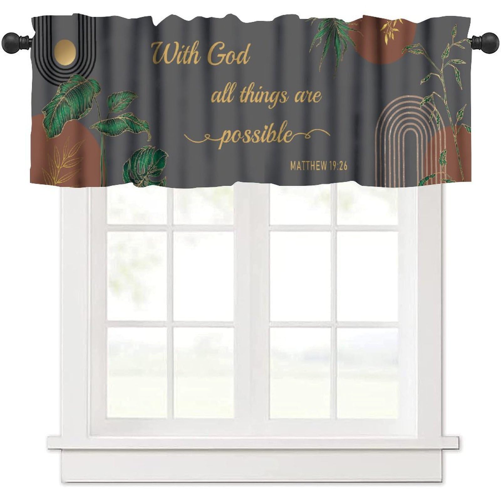 moderw Boho Bible Verse Brown Valance Curtains Christian Inspirational Scriptures Quotes Abstract Tropical Palm Mid Century Window Curtain Valance for Farmhouse Kitchen Bedroom Living Room 54x18inch