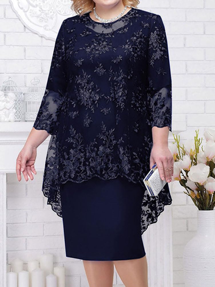shownicer Vestito Due Pezzi Donna Elegante Ricami Pizzo Vestiti Manica 3/4 Taglie Forti Vestito da Sera Cerimonia Cocktail Abiti al Ginocchio