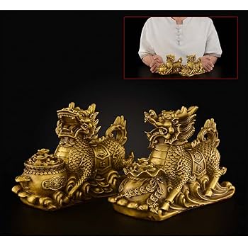 Amazon.co.jp: 麒麟 置物 招財 一対 五帝銭付き 銅製 風水グッズ