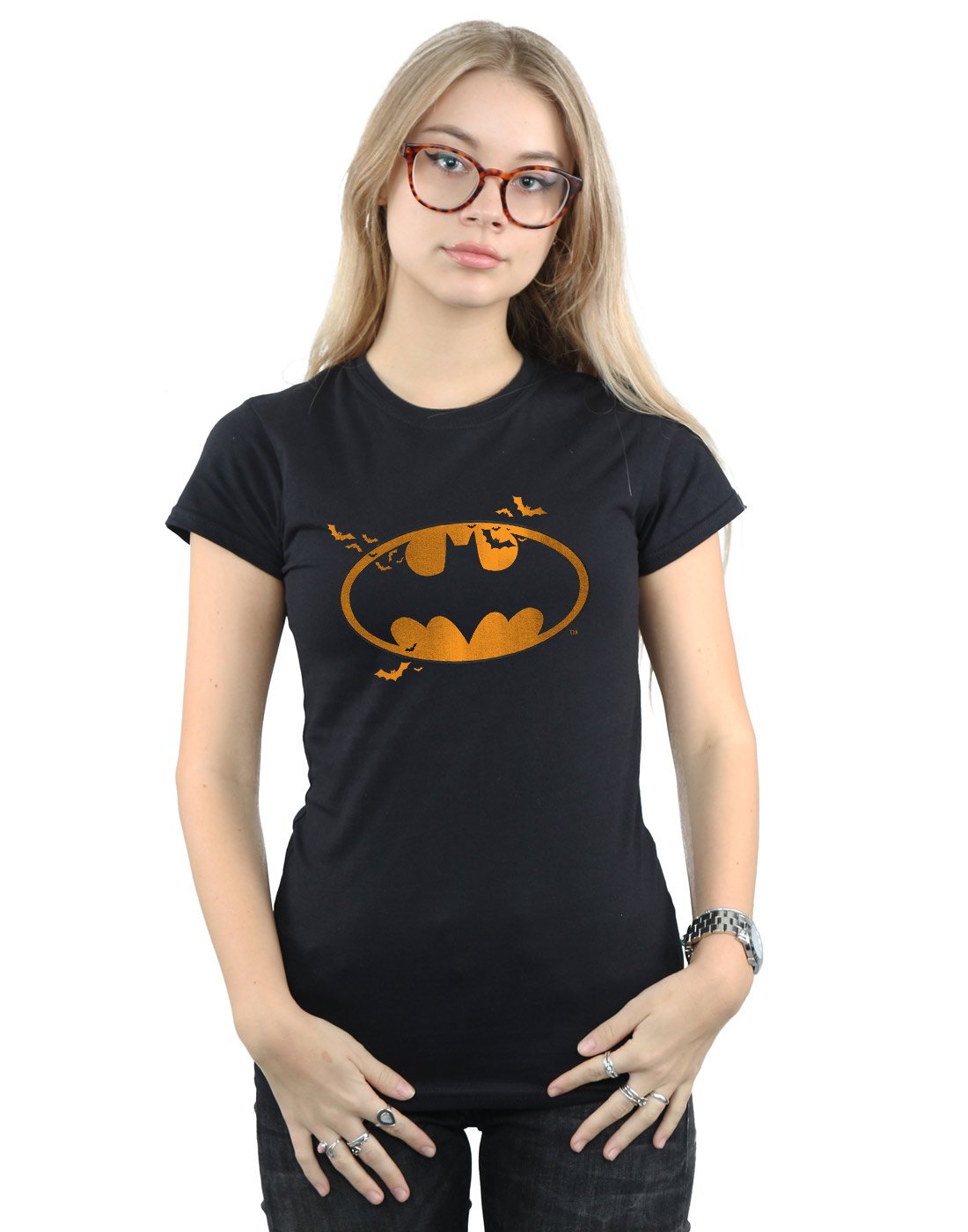 Dc Comics Women's Black Batman Halloween Logo Cotton T-Shirt In Xxl