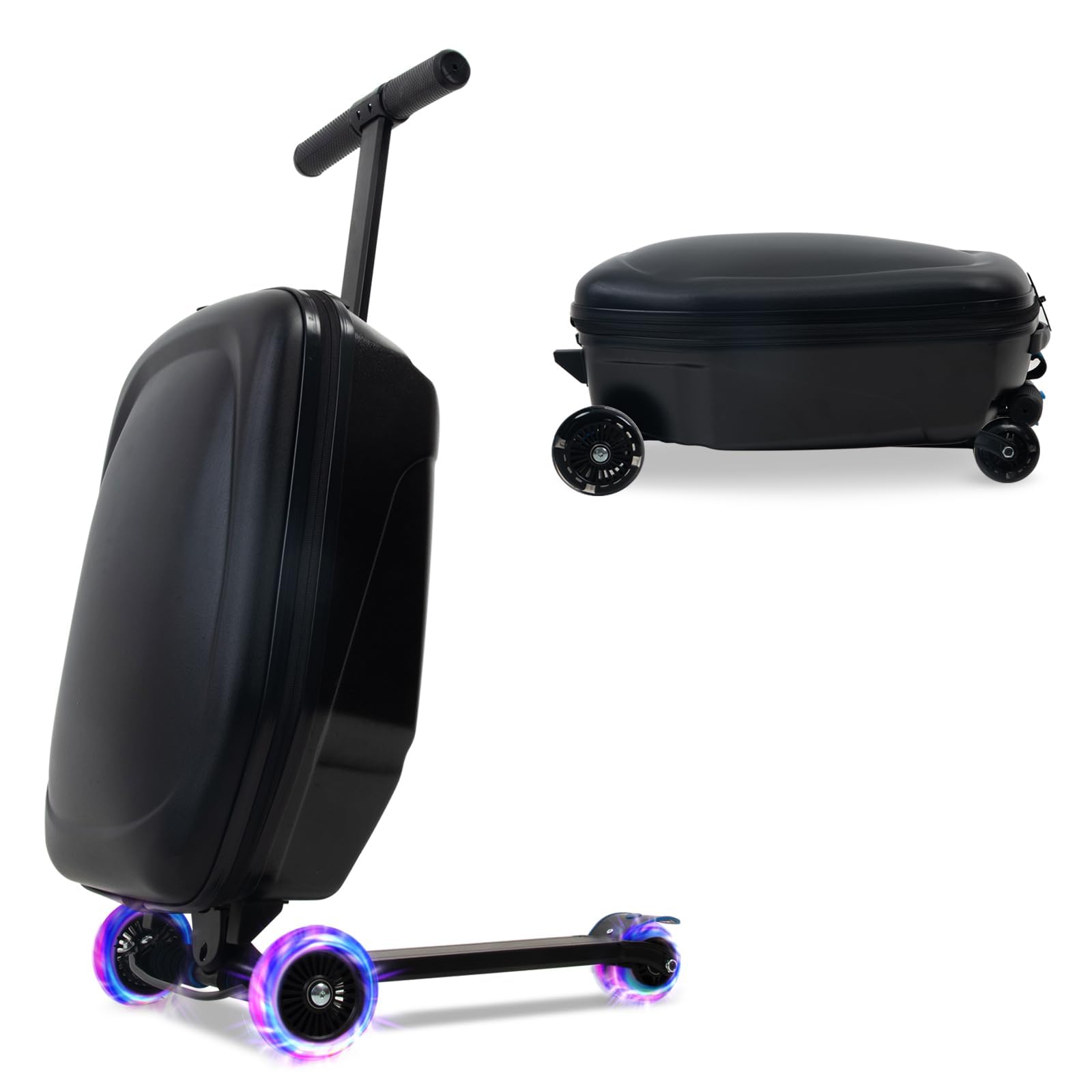 20" Scooter Suitcase for Kids, 2-in-1 Ride On Luggage with Wheels for Boys & Girls Ages 4-15, Foldable Hardshell Carry On Lightweight Travel Suitcase for Airplane (Gentle Black with LED)
