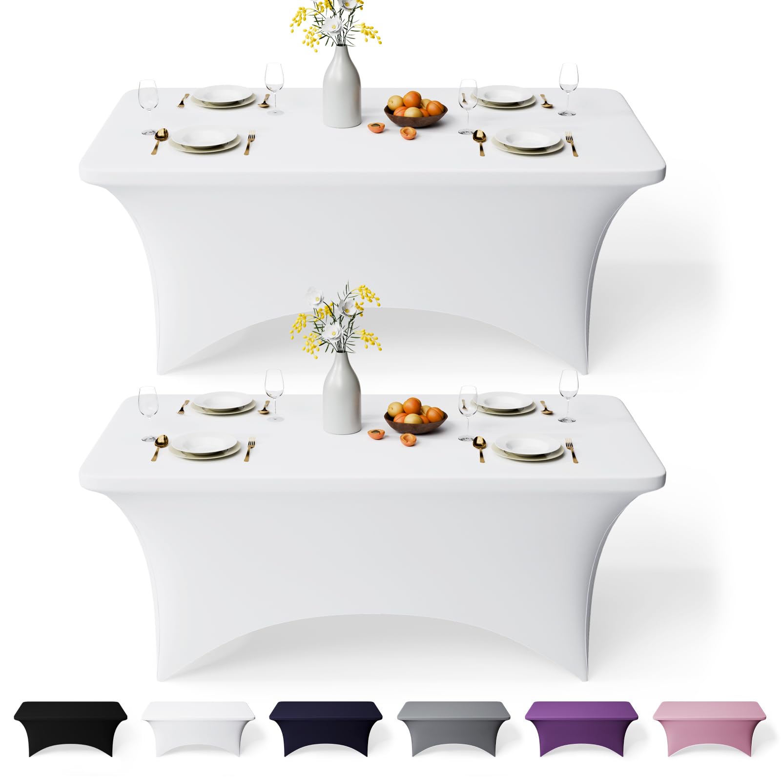 GFCC 8FT Spandex Table Covers 2 Pack - White Stretch Fitted Rectangular Tablecloth Washable & Wrinkle Resistant Spandex Tablecloths for Party, Wedding, Banquet, Events & Home