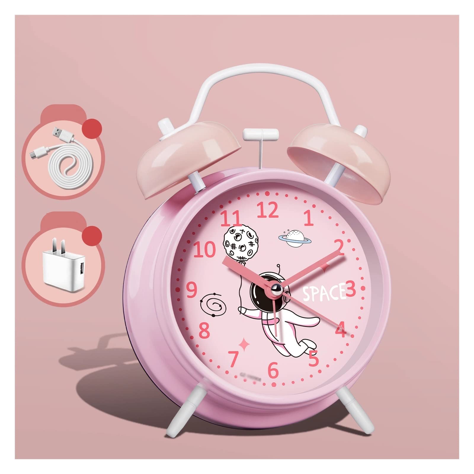 YHxFlux Table clocks Alarm Clock for Heavy Sleepers Adults Kids Bedrooms Teens Non Ticking Loud Twin Bell with Backlight for bedrooms(Pink)
