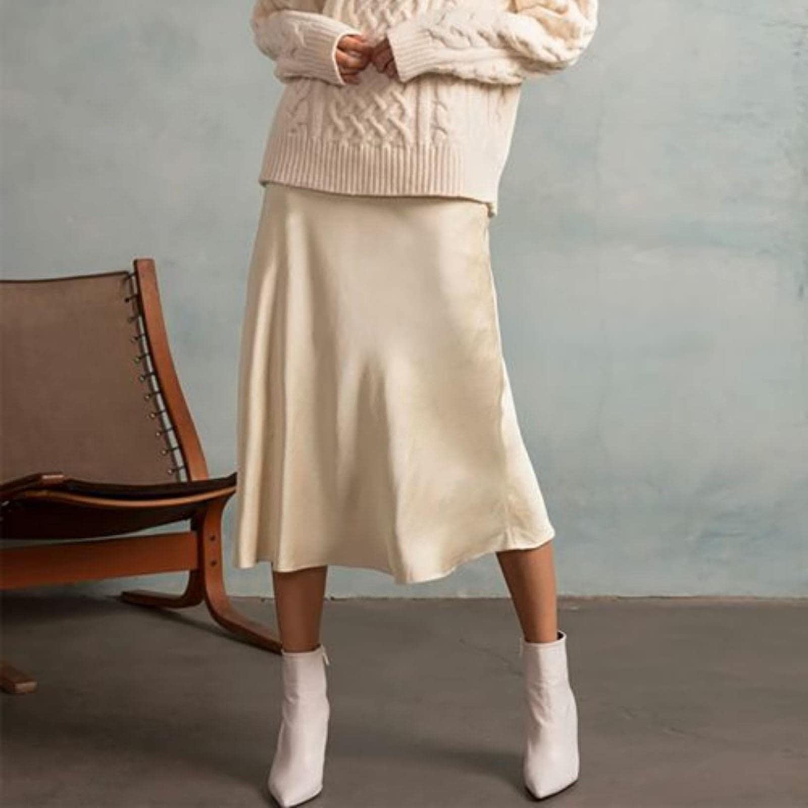 Falda larga de gasa para mujer, falda midi de cintura alta, vestido de satén de color sólido, con cremallera, faldas de verano para mujer