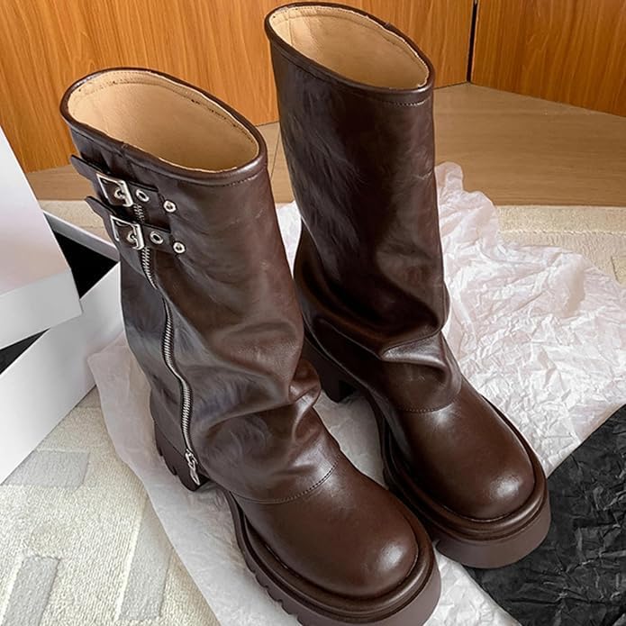 MAVMAX Mid Calf Boots for Women Fold Over Zipper Buckle Riding Boot Brown Wide Calf Platform Round Toe Chunky Low Heel Tall Boot Cowboy Biker Motorcycle Boots