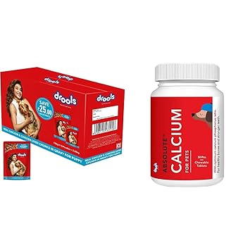 Drools Puppy Wet Dog Food, Real Chicken and Chicken Liver Chunks in Gravy, 15 Pouches (15 x 150g) & Absolute Calcium Tablet- Dog Supplement, 50 Pieces