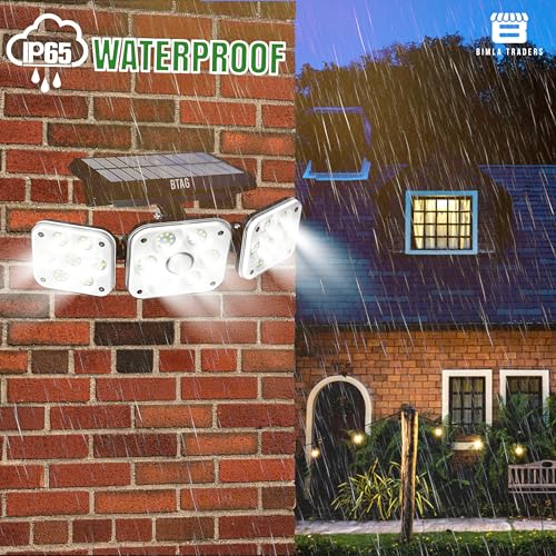 Image of Btag Solar Motion Sensor Light for Outdoor Use | 3 Adjustable Heads | Waterproof, Energy-Saving Sun-Powered LED Flood Light for Garden, Pathways, Driveways, Garage & Yard.(SL007 PO1)