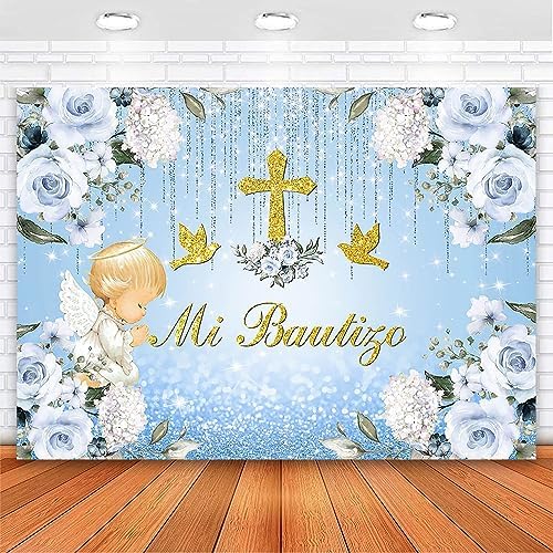 Toile De Fond Baptême Garçon Avezano - Décor Communion 'Que Dieu Bénisse' Fleurs Bleues