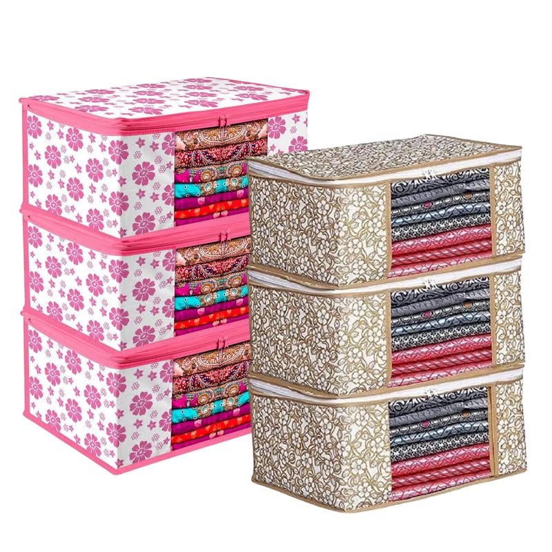 Image of Saree Covers with Zip for Storage,Chiku and Pink Flower, Storage Organizer For Saree, Wardrobe Organiser, (45L x 35W x 22H CM) (Pack of 6)