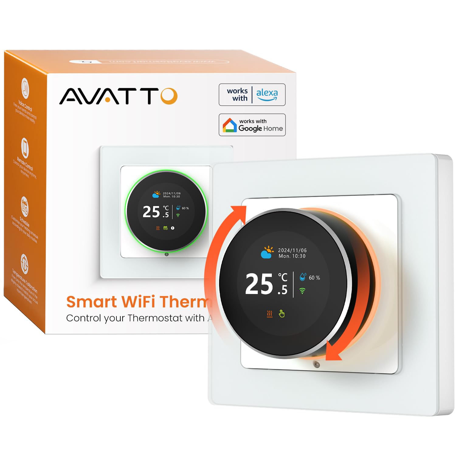 AVATTO Inteligentny termostat WiFi 55 x 55 mm do ogrzewania podłogowego, programowalny termostat pokojowy, kompatybilny z Alexa, Google Home i pilotem zdalnego sterowania Smart Life App, biały