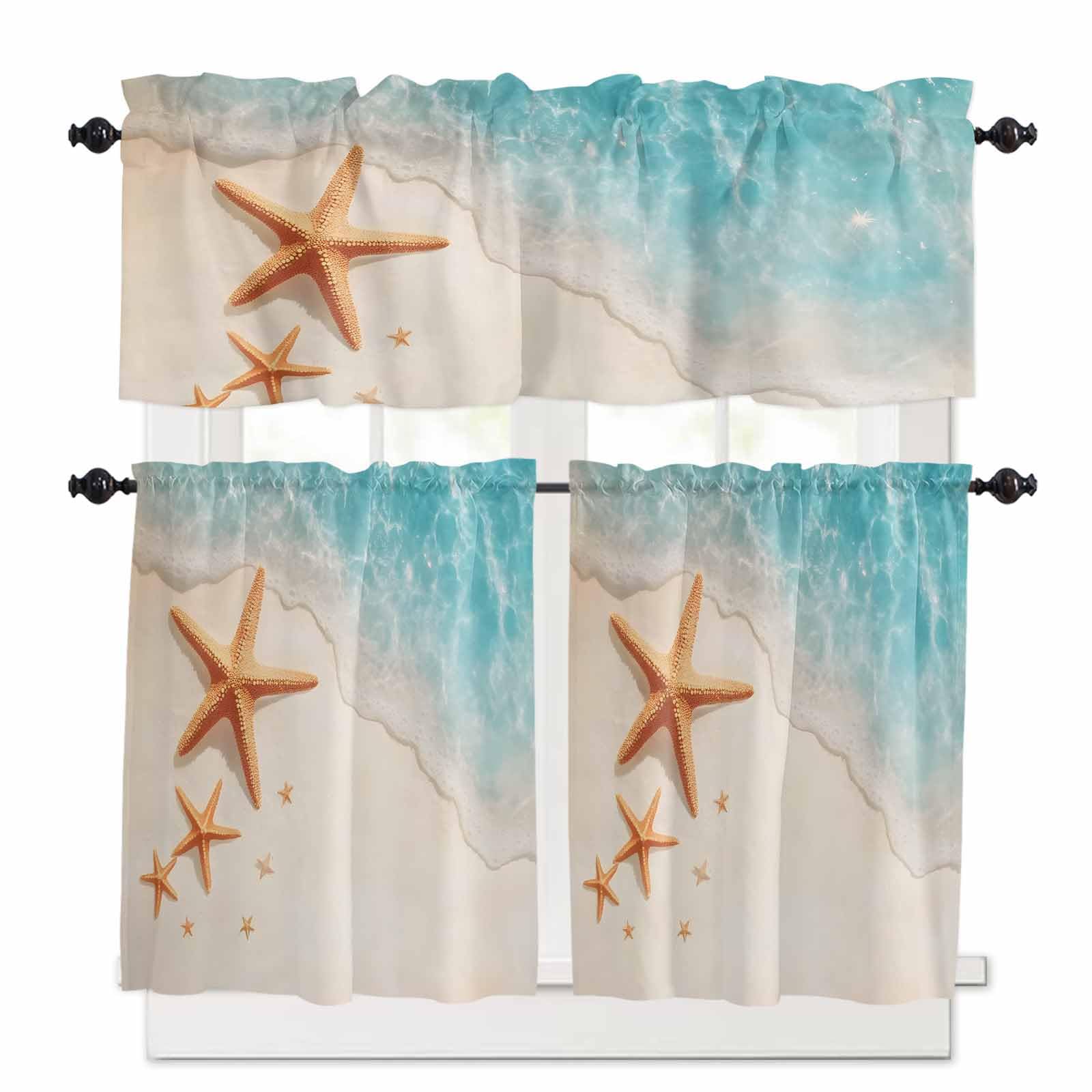 Ocean Starfish Kitchen Curtains 24 Inch Length, 3 Piece Rod Pocket Small Half Tiers and Valance Set, Beach Shell Shore Waves Summer Sea Small Large Window Treatment Decor for Bedroom/Bathroom Sink