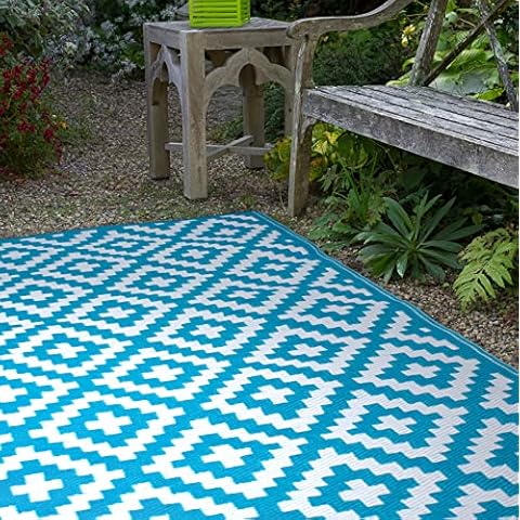 FH Home Alfombra de plástico Reciclado para Interiores/Exteriores - Aztec - Teal/White Cover