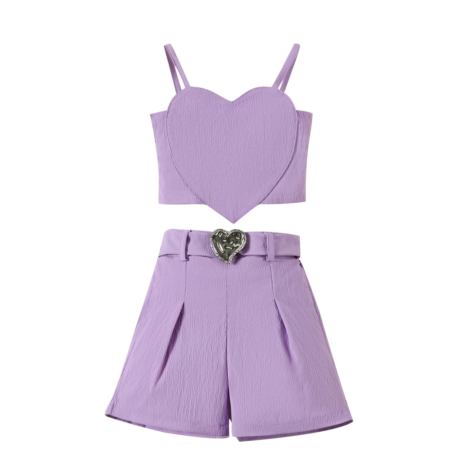 ZAXARRA Toddler Girl Summer Clothes Solid Color Heart Shape Camisole Tops + Belted Shorts 2 Pcs Set (Purple, 3-4T)