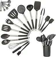 Kit 15 Utensílios De Cozinha Com Cabo De Inox e Silicone Premium (Preto)