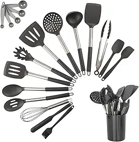 Kit 15 Utensílios De Cozinha Com Cabo De Inox e Silicone Premium (Preto)