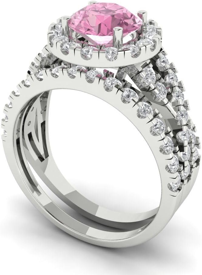 Clara Pucci Women's 18K White Gold Round-Cut Pink Diamond Solitaire Bridal Set with Eternity Band (1.795 cttw)