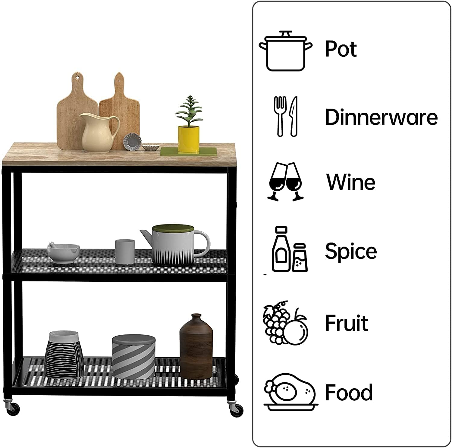 OGFC 45242 Home Bar Cart 3-Tier Standing Baker's Racks,Rolling Serving Bar Cart on Wheels with Storage Industrial, Wood Look Accent Furniture with Metal Frame,for Living Room Kitchen 1