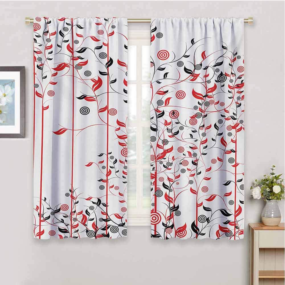 GUUVOR Floral Wear-Resistant Color Curtain Romantic Abstract Flowers Ivy Swirls Image with Leaves in Nature Artwork Waterproof Fabric W54 x L63 Inch Red Black and White
