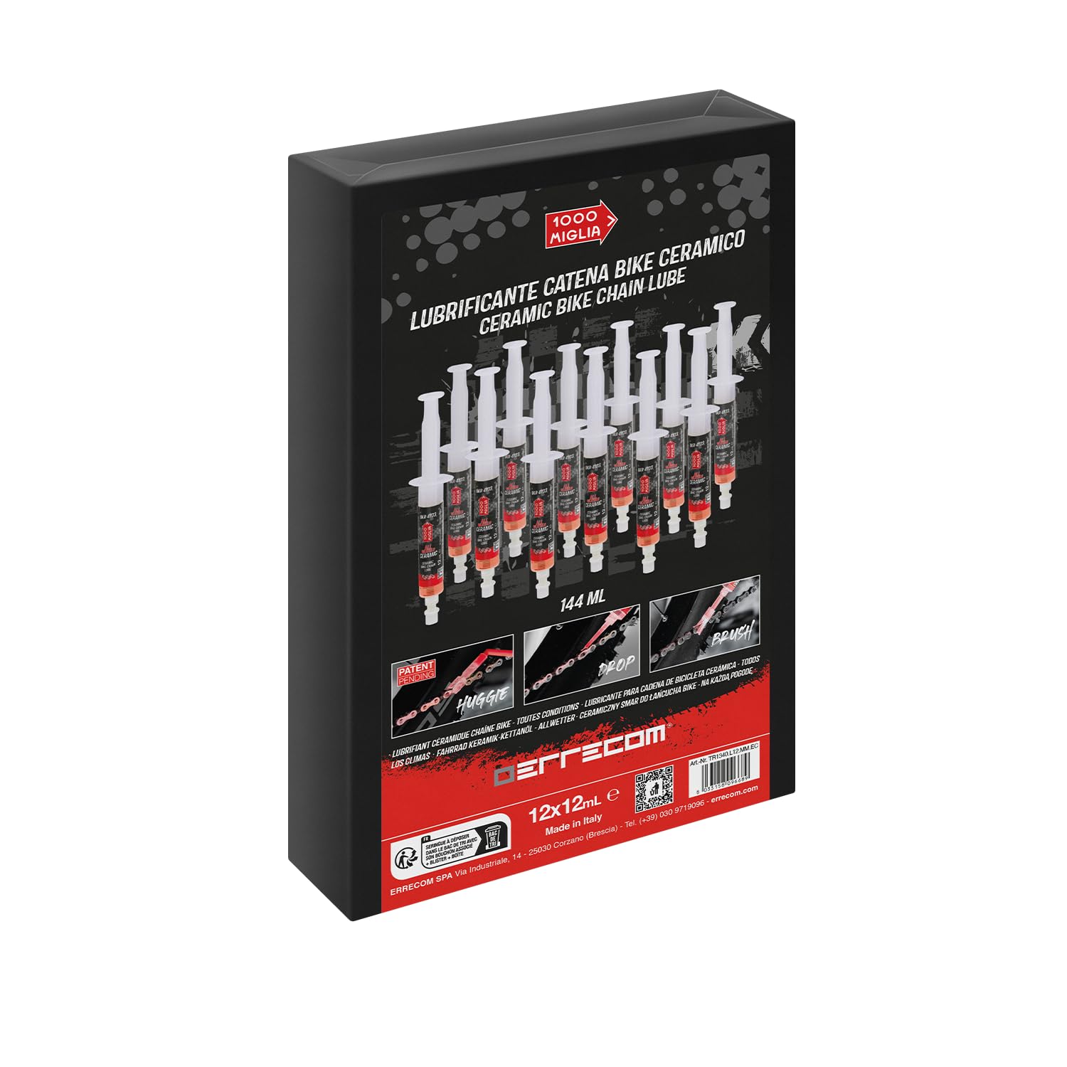 Errecom BKR 4103 ALL WEATHER CERAMICO Lubrificante Catena Bici per ogni Condizione del tracciato - 144 ml (12x12 ml), Siringhe con applicatori Drop e Huggie System, formula fluorescente profumata