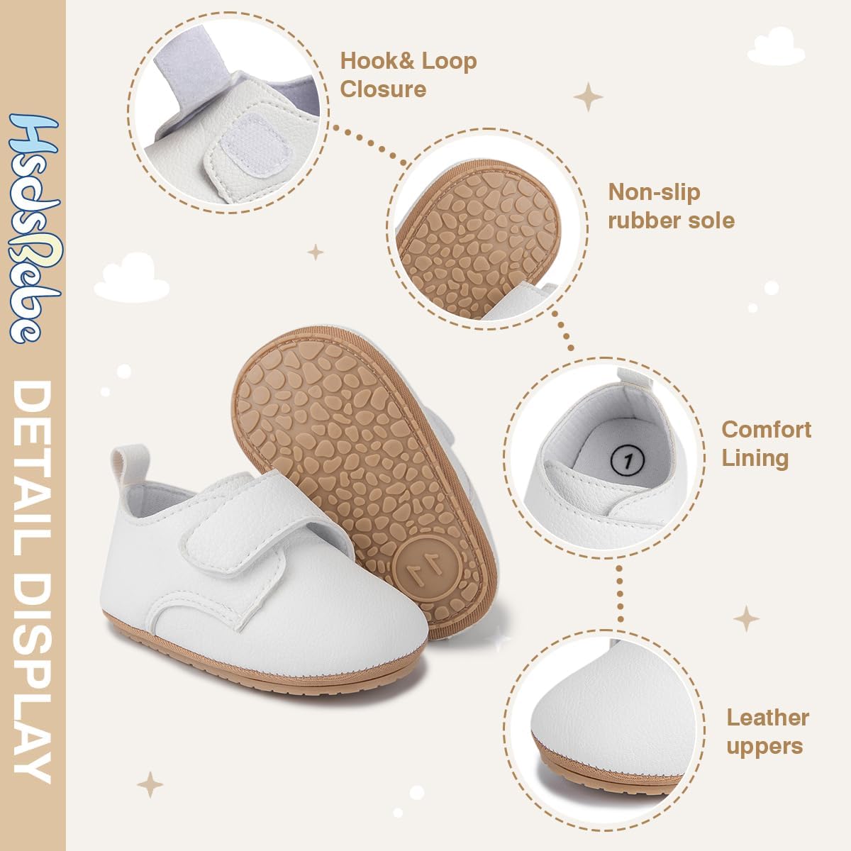 HsdsBebe Baby Boys Girls Oxford Shoes PU Leather Soft Rubber Sole Sneakers Anti-Slip Toddler Ankle Boots Infant Walking Shoes Moccasins 9-12 Months Infant B/White image 5 of 6 B099MJMMHQ