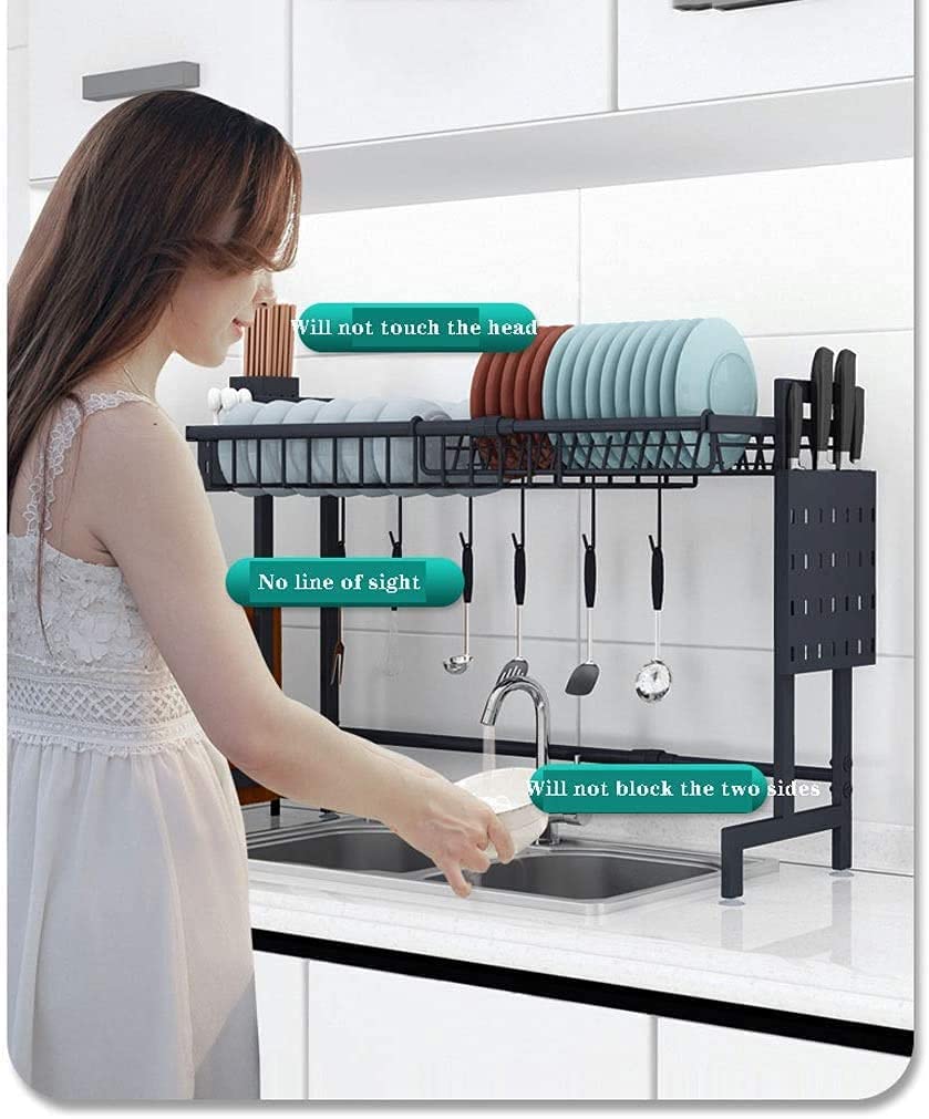 Escurridor de Platos para Cocina, Escurridor de Platos, Escurridor de Platos de Acero Inoxidable Ajustable de una Sola Capa con Soporte para Utensilios Y Palillos, Cesta de Almacenamiento con Ganchos