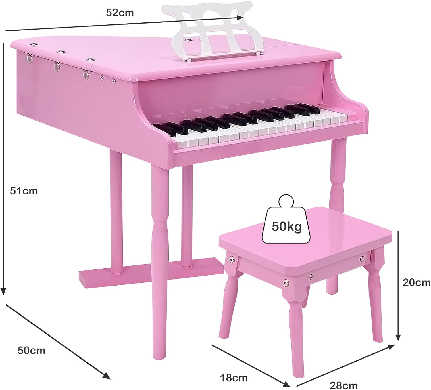 GLACER Classical Kids Piano, 30 Keys Wood Toy Grand Piano w/Bench Music Stand Full-Size Keys, Charming Tones & Sounds, Musical Instrument Educational Toy for Girls and Boys (3 Straight Leg-Pink)