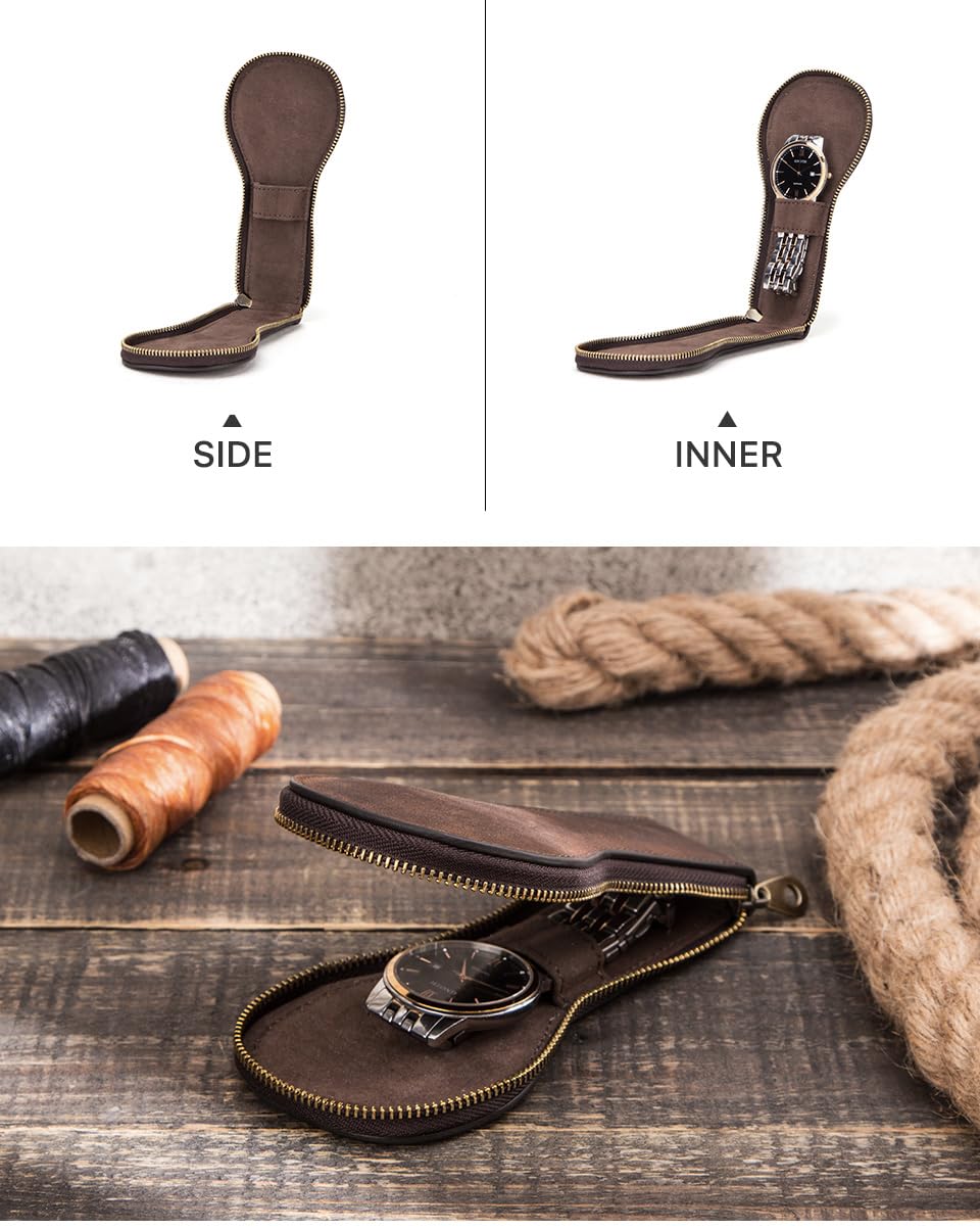 Custodia per Orologi, Astuccio Protettivo Portatile in Vera Pelle per Orologi, con Chiusura a Cerniera.